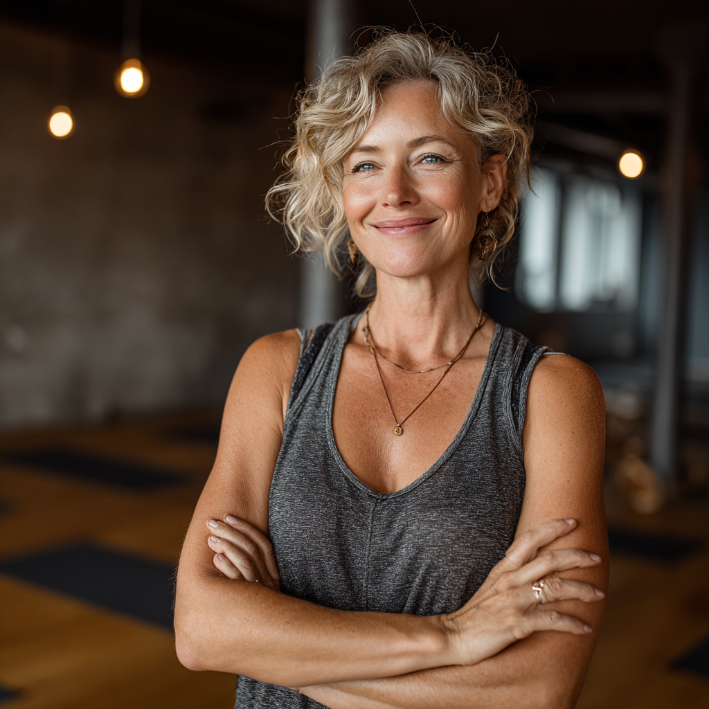 Confident middle-aged woman in yoga attire demonstrating beginner-friendly pose with welcoming smile in modern yoga studio