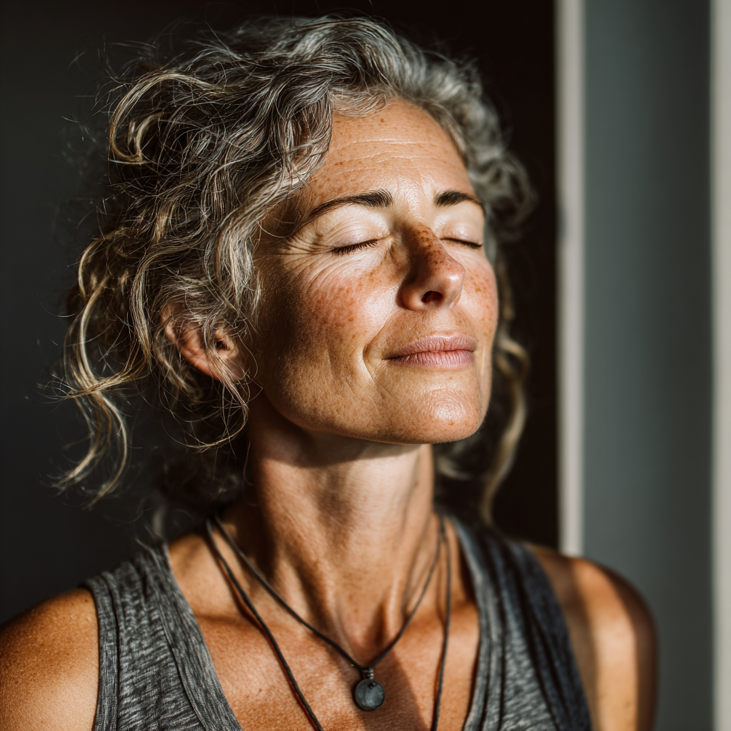 Peaceful middle-aged woman in comfortable yoga pose with serene expression, practicing gentle stretches in natural lighting
