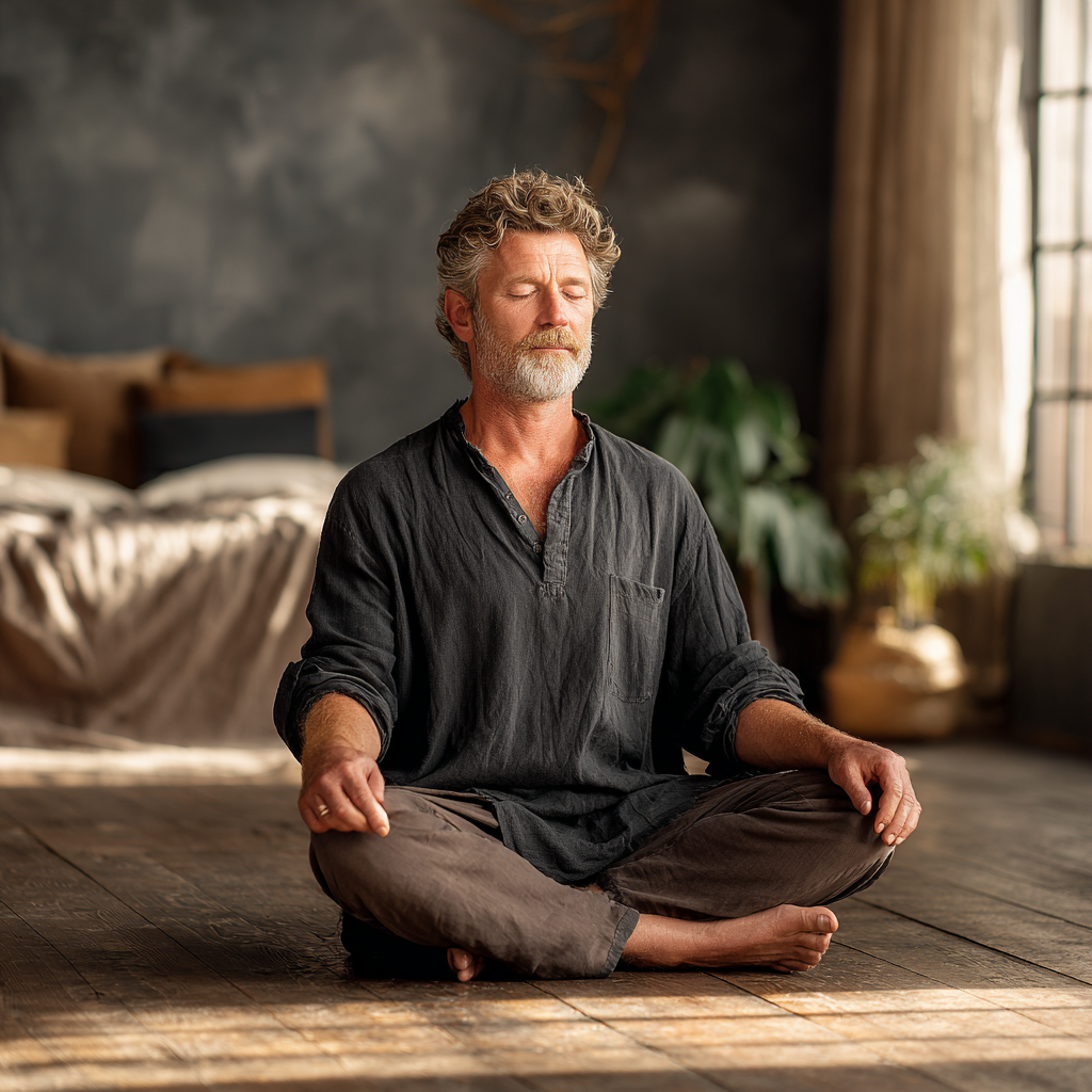 Serene middle-aged man in meditation posture with eyes closed, sitting cross-legged in peaceful yoga studio with natural elements
